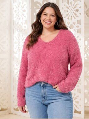NWOT Freshman 1996 Bubblegum Pink Fuzzy V-Neck Sweater Womens Size L Cozy Knit